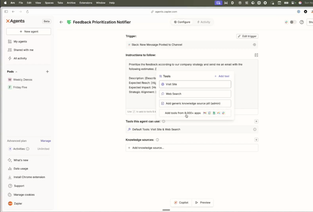 Screenshot of a Feedback Prioritization Notifier agent in a no-code builder, showing a Slack trigger and tool options for automating feedback triage based on strategic criteria.